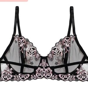 NWOT Knotty Knickers sheer underwire bralette with pink rose embroidery